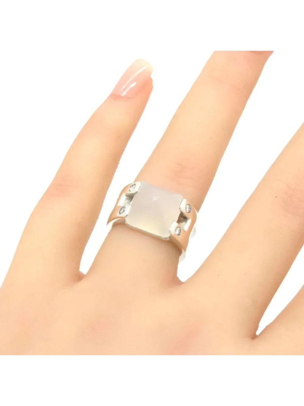 Hermes Medor Ring 51 Moonstone Diamond Sterling Silver Vintage